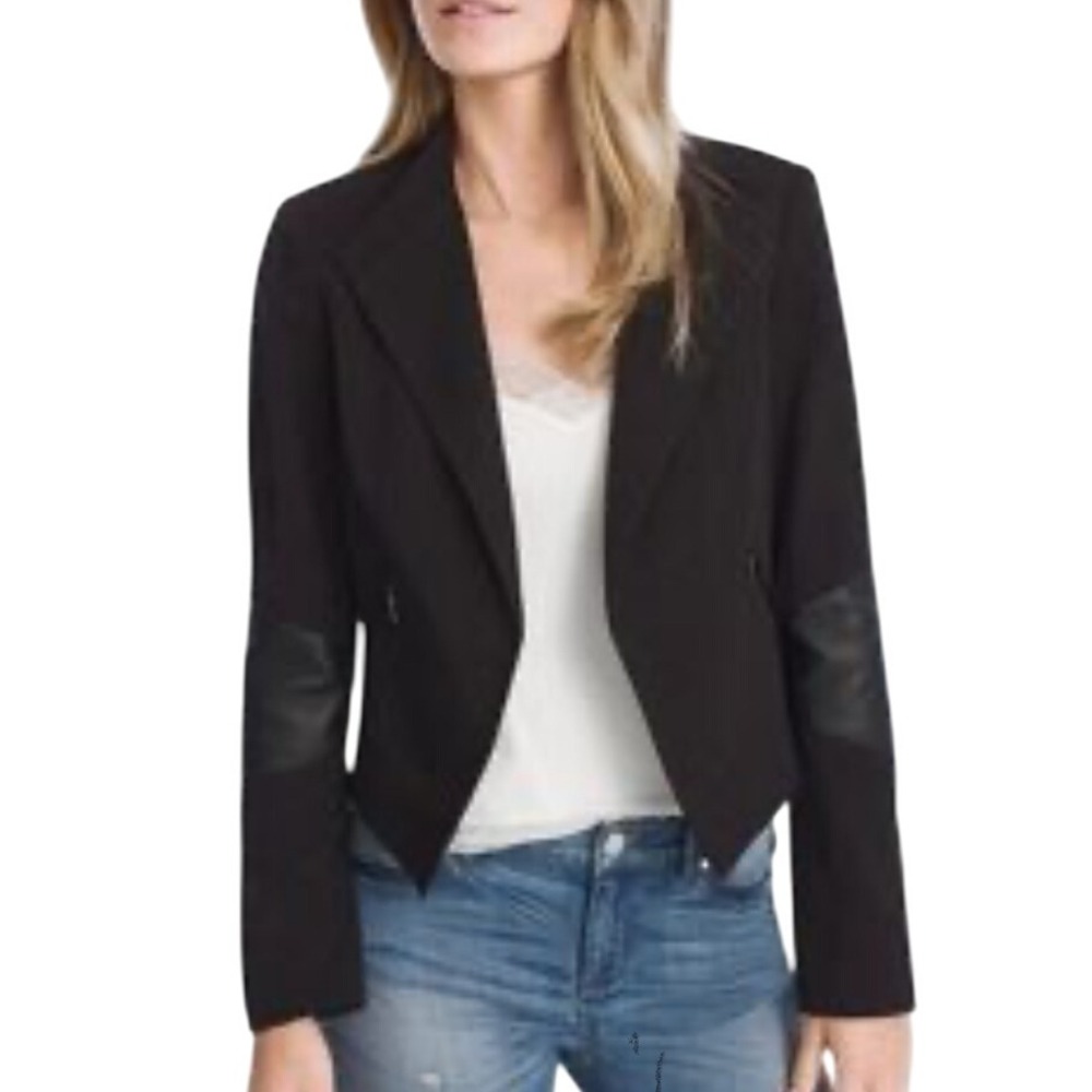 White House Black Market Moto Jacket Faux Leather Detail Black Size 00‎